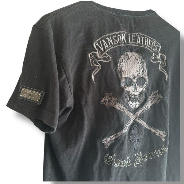 即決★VANSON COOK JEANS★1 M位 Tシャツ バンソン クックジーンズ 黒 ブラック 半袖Tシャツ ワッペン スパンコール スカル ドクロ 刺繍