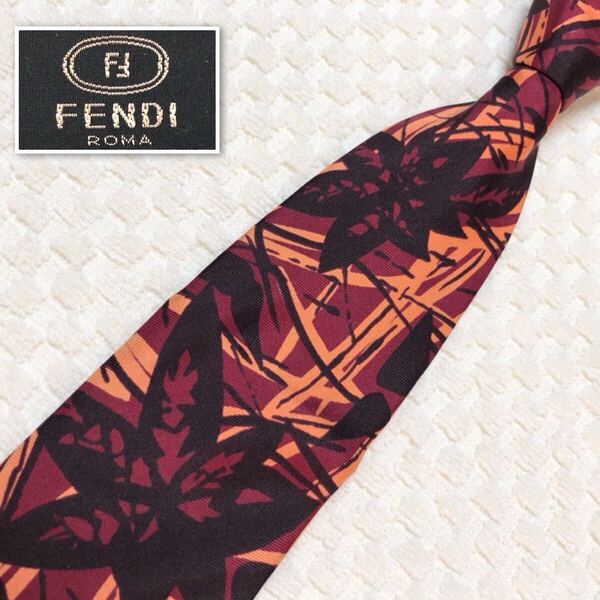 ■美品■FENDI フェンディ ネクタイ 紅葉 葉っぱ 総柄 シルク100% イタリア製 ボルドー×オレンジ×ブラック ビジネス