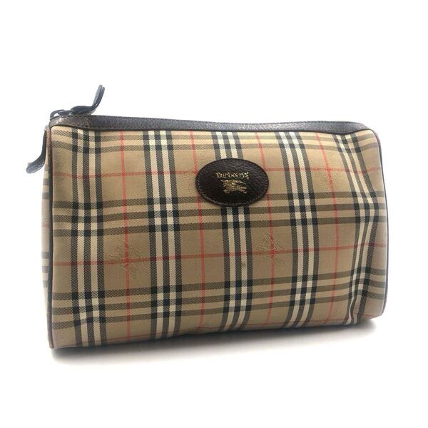 ■美品■Burberrys バーバリー クラッチバッグ セカンドバッグ ノバチェック+シャドーホース キャンバス×レザー ベージュ×ブラウン