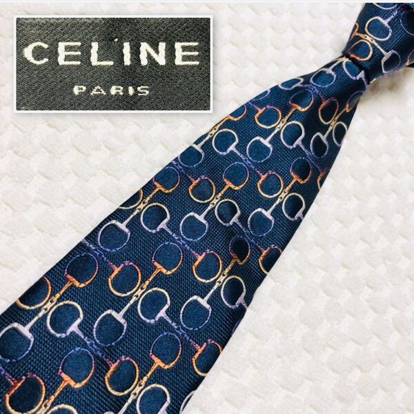 ■美品■CELINE セリーヌ ネクタイ ホースビット 総柄 ネイビー×レインボー シルク100% スペイン製 ビジネス