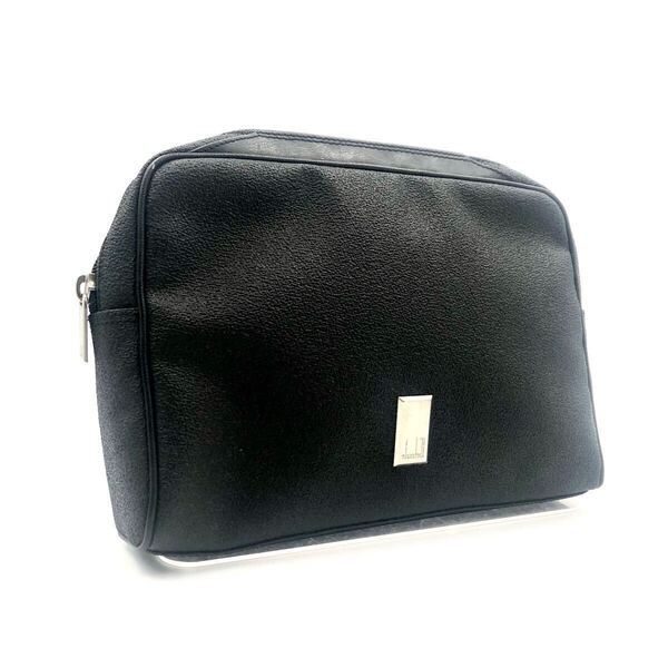 ■美品■dunhill ダンヒル クラッチバッグ セカンドバッグ PVC ロゴプレート スペイン製 刻印 ブラック系 シルバー金具 メンズ