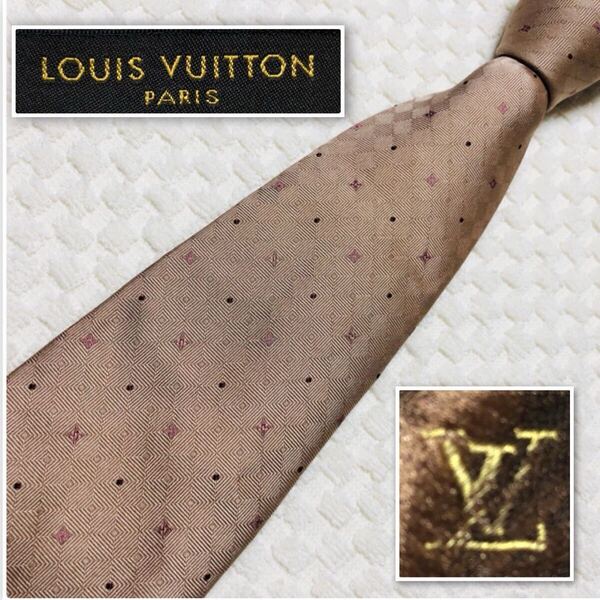 LOUIS VUITTON ルイヴィトン クラヴァット ネクタイ モノグラムモチーフ 格子 総柄 シルク100% イタリア製 ベージュ