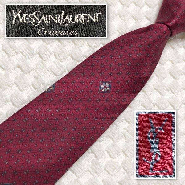 ■美品■Yves saint Laurent イヴサンローラン ネクタイ 装飾総柄 シルク100% レッド系ボルドー ビジネス
