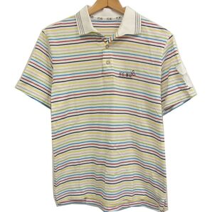 $ 美品 $ ゴルフ♪■ ミエコウエサコ ■ K’S MU ■ ボーダー柄・ 半袖 ポロシャツ ■ 日本製 綿 ■ 48 メンズ M ■ 白 ホワイト■送料無料