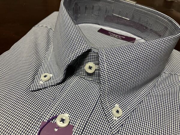 百貨店販売品 Viaggiante☆形態安定 濃いブルーチェックワイシャツ★M(39-86) ボタンダウン スーパースリム 送料無料