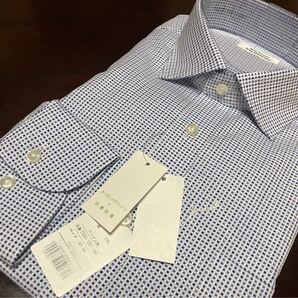 MAURIZIO BALDASSARI(バルダサーリ)形態安定☆白×ブルー飛び柄ワイシャツ M(39-80) セミワイド 高島屋等販売品