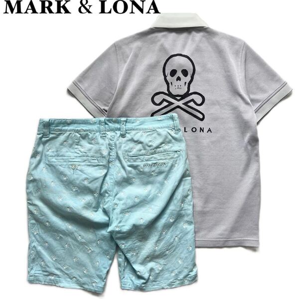 【送料無料】MARK&LONA セットアップ メンズ ポロシャツ ハーフパンツ ドクロ ロゴ 半袖 ズボン 46 M グレー ブルー