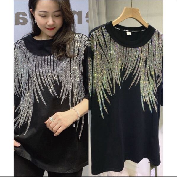 キラキララインストーン付き ロングtシャツ ゆったり 大きいサイズ