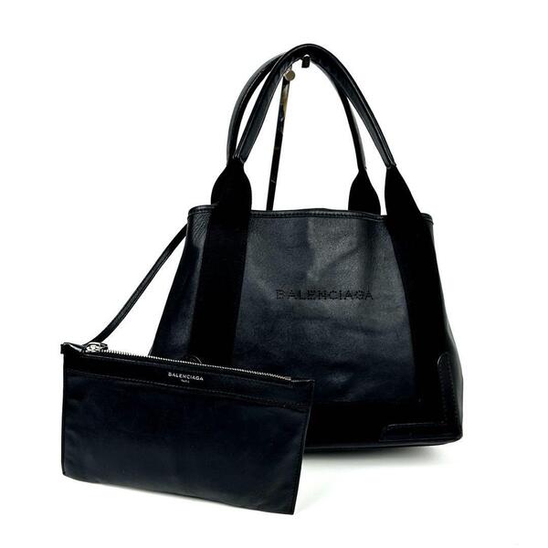 美品■BALENCIAGA バレンシアガ ネイビーカバス ハンドバッグ トートバッグ パンチング レザー ブラック メンズ レディース ユニセックス