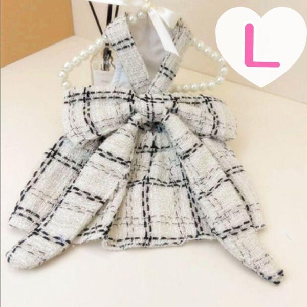 リボン ワンピース L ツイード風 おしゃれ スカート 可愛い ドレス 犬服 白 黒 ドッグウェア 犬の服 新品
