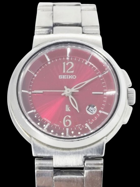 【電池交換済】SEIKO セイコー Lukia ルキア 7N82-6E00 レディース 腕時計 クオーツ デイト ワインレッド文字盤 中古動作品 腕周り15.5cm