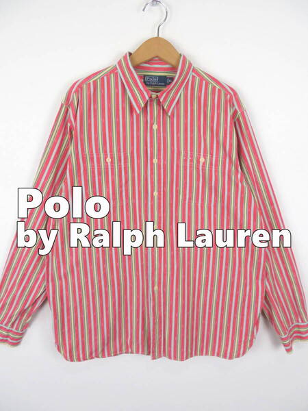 90s ポロバイラルフローレン ★ チンフラ マチ付き 猫目ボタン ストライプ 長袖シャツ XL ★ Polo by Ralph Lauren 古着 ネイティブ柄