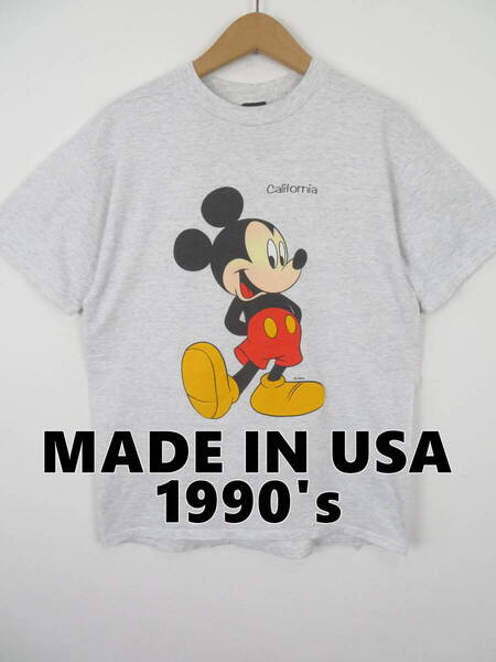 90s USA製 ミッキーマウス 発砲プリント 半袖 Tシャツ L ★ ディズニー アメリカ製 古着 グレー SHERRY'S