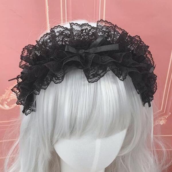 ブラック リボン レース フリル ヘッドドレス サブカル ロリータ 地雷 量産型 コスプレ コンカフェ 姫系 メイド アイドル ゴスロリ Y2K