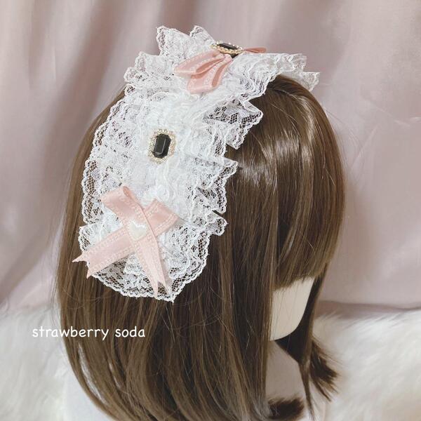 ピンク リボン ビジュー ホワイト レース ヘッドドレス 量産型 ロリータ 地雷 サブカル 姫系 コスプレ コンカフェ メイド アイドル Y2K