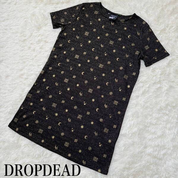 ★ DROPDEAD ドロップデッド ロゴ ブラック×ゴールドラメ 半袖 ロング Tシャツ チュニック ワンピース サイズ12 美品 ★