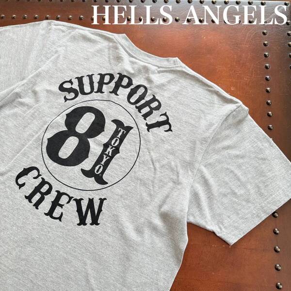 ★ HELLS ANGELS ヘルズエンジェルス SUPPORT 81 TOKYO CREWRED&WHITE Tシャツ グレー サイズL ★