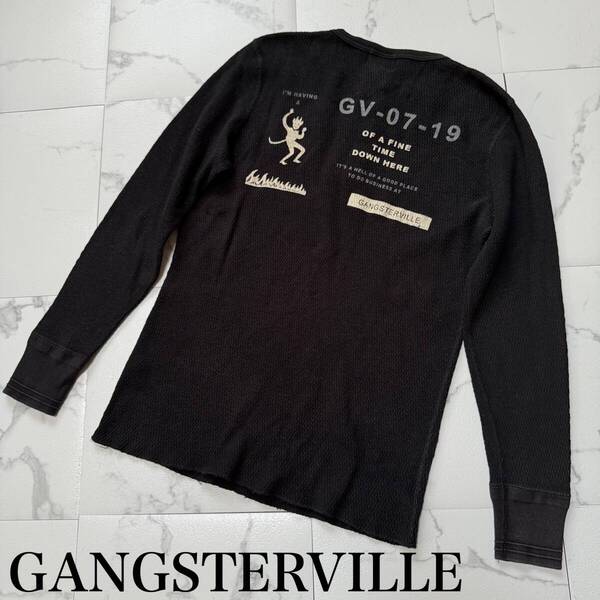 ★ GANGSTERVILLE ギャングスタービル デビル 長袖 ヘンリーネック ワッフル Tシャツ サーマル ロンT カットソー ブラック サイズ M ★