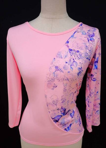 ③25D30★美品★MLサイズ★ピンク×紫/花柄/トップス☆社交ダンス/モダン/スタンダード/ラテン/レッスン