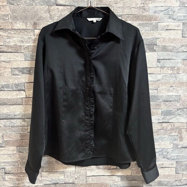 シャツ 長袖シャツ ブラック 長袖 黒 ブラウス フリル レディース 上品 フォーマル hopkins 15R XL LL 大きめ