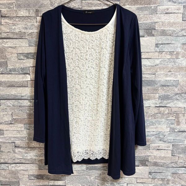 レディース カットソー 長袖 トップス 丸首 レース 白 ネイビー 紺色 紺 L 女性 春 春服 秋 秋服 薄手 ロールアップ