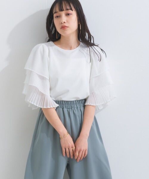 ◆シルケットスパン×チュールレース×シフォン ティアードフリルスリーブトップ terrace 新品 タグ付き 袖フリル