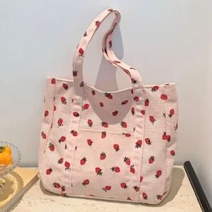 【本日限定価格】 イチゴ コーデュロイ トートバッグ ピンク