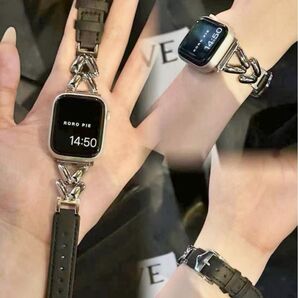 38/40/41mm アップルウォッチ ブラウン シルバー レザーチェーンベルト