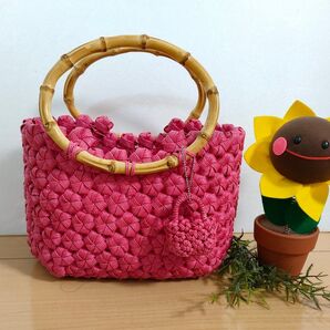 クラフトバンド 花結びのお散歩ミニかごバッグ《野ばら》