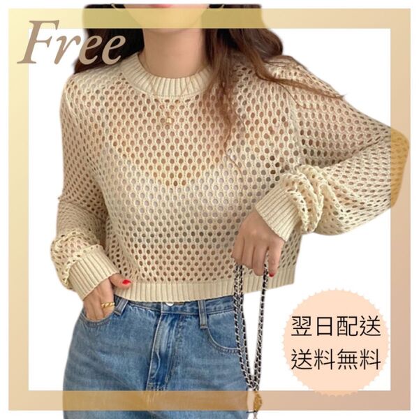 残り1点 メッシュニット ベージュ トップス 春夏 レディース