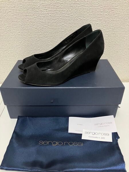 セルジオロッシ ¥12万 オープントゥ ウエッジソール スウェード パンプス 36 ブラック