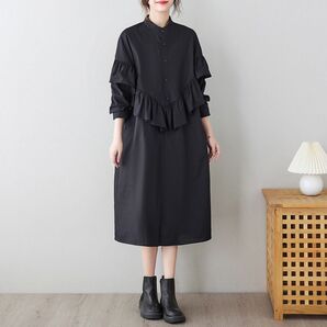 【ブラック フリルシャツワンピース モノトーン Fサイズ】