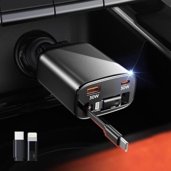 車載充電器 シガーソケット 車 充電器 3in1 巻き取り式 急速充電