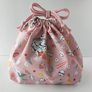 お弁当袋 パンダおにぎり 紐くすみピンク ハンドメイド