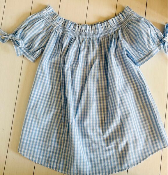 H&M エイチ・アンド・エム チュニック トップス 半袖 カットソー 水色 チェック