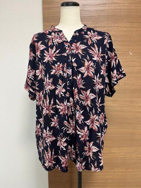 【発送可】 レディース 半袖シャツ 花柄 ネイビー トップス