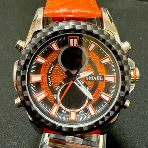 新品 SMAELデュアルウォッチ 防水メンズ腕時計 レザーストラップ ブラック&オレンジ