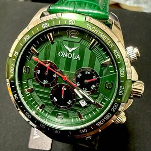 新品 ONOLA オマージュクロノグラフ ウォッチ レザーストラップ メンズ腕時計 グリーン
