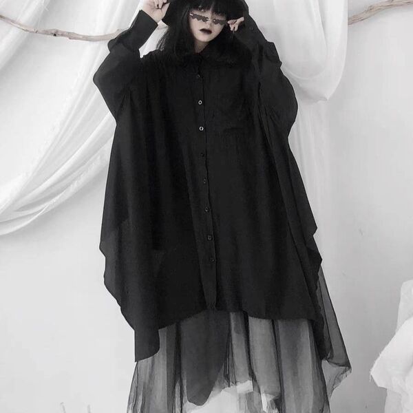 モード系 ロングシャツ アシンメトリー ゆったり ゆるだぼ 大きいサイズ 日焼け対策 黒 ブラック