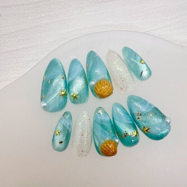 ネイルチップ 現品 オーダー エメラルドグリーン マグネット 海 夏ネイル