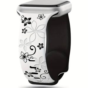 アップルウォッチ バンド シリコン ホワイト/ブラック ツートンカラー 花柄 フローラル彫刻 人気 42/44/45/49mm♪