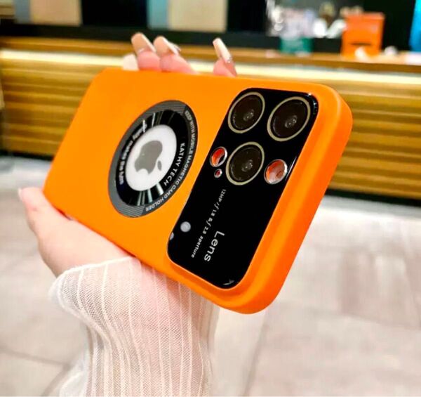 iPhone15 plus ケース オレンジ カラー ワイヤレス 充電 マグセーフ 対応 カメラ レンズ フルカバー 人気♪