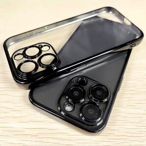 iPhone15 クリア メッキ ソフトケース ブラック カラー カメラ レンズ フルカバー♪