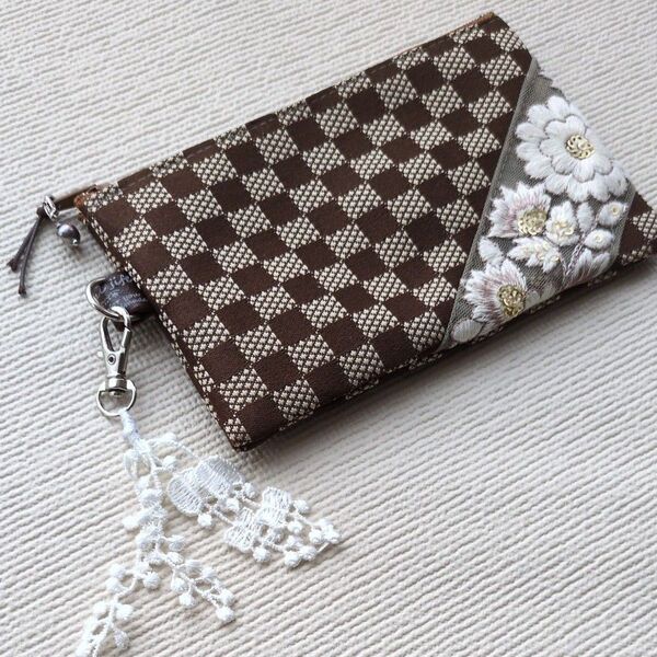 インド刺繍リボンポーチ 市松模様 ハンドメイド ミニポーチM