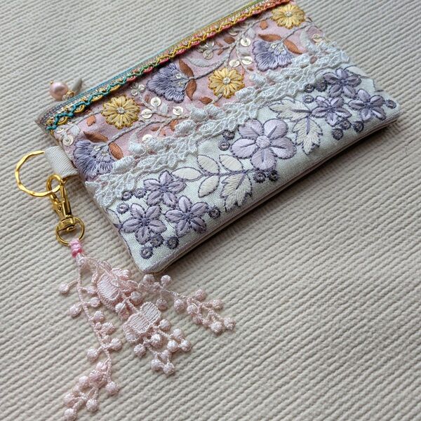 インド刺繍リボンポーチ 43.ピンクパープル系 ハンドメイド ミニポーチS