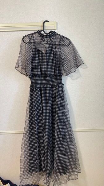 ロングワンピース ギンガムチェック 夏服 シアー キャミワンピ フレアスリーブ 清楚 ワンピース 清楚 デート服