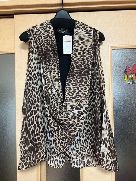 胸元ドレープのレオパード柄チェニック(二重) L「新品・タグ付」