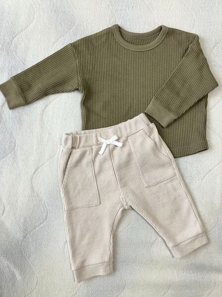 ベビー ユニクロ 長袖 ワッフルTシャツ オルソブルー ワッフルパンツ 七分丈 80cm