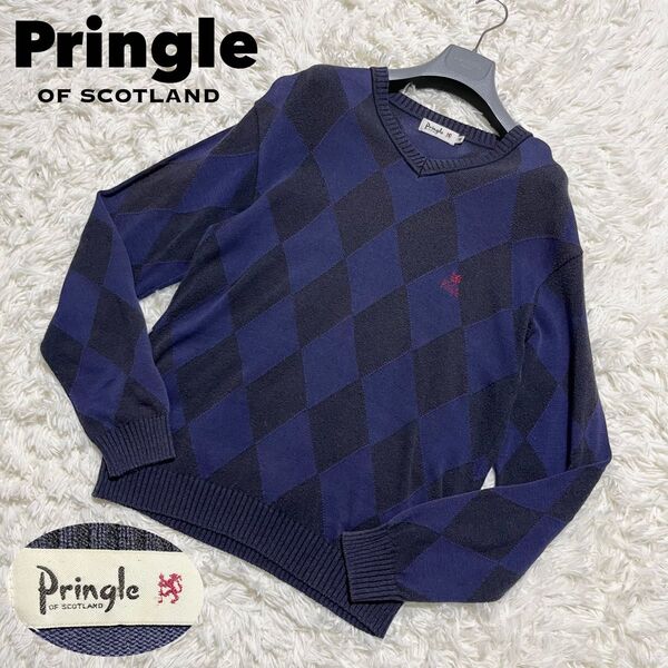 Pringle プリングルオブスコットランド アーガイル柄 コットンニットセーター Vネック トップス グランパコア M ネイビー