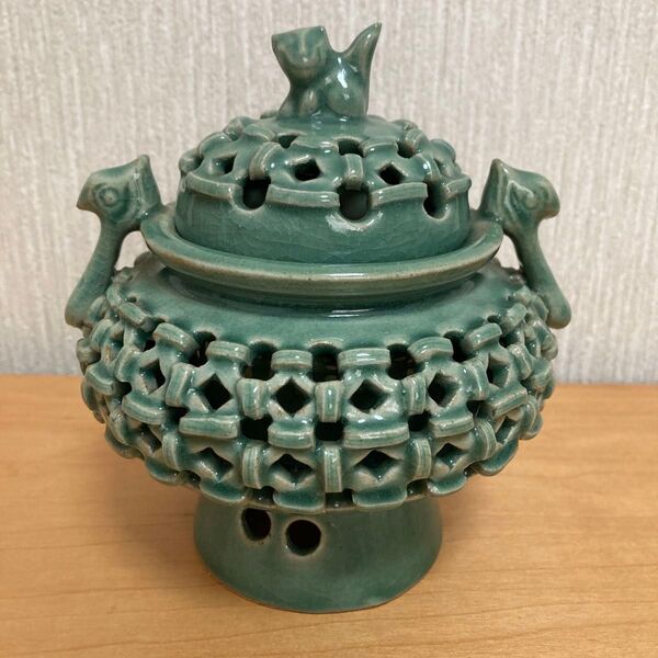 香炉 アンティーク 置物 青緑色 透かし網目 陶器